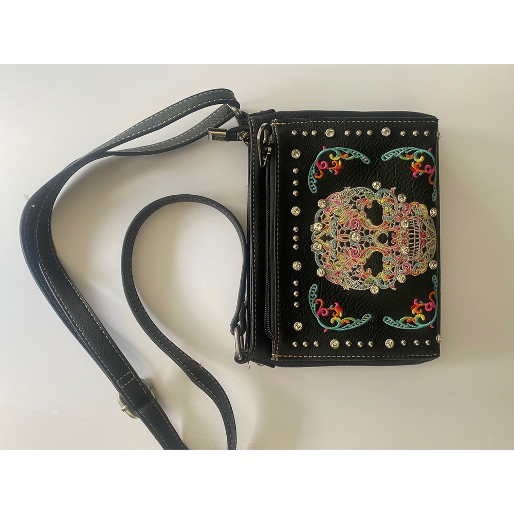 Montana West Purse Sugar Skull Embroidered Crossbody Bag Day of the Dead Black - Picture 14 of 16